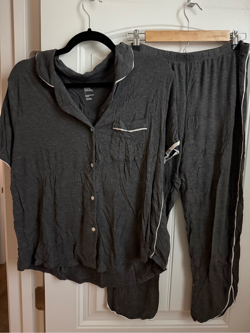 stars above Charcoal Gray Button-Front Pajama Set with White Piping